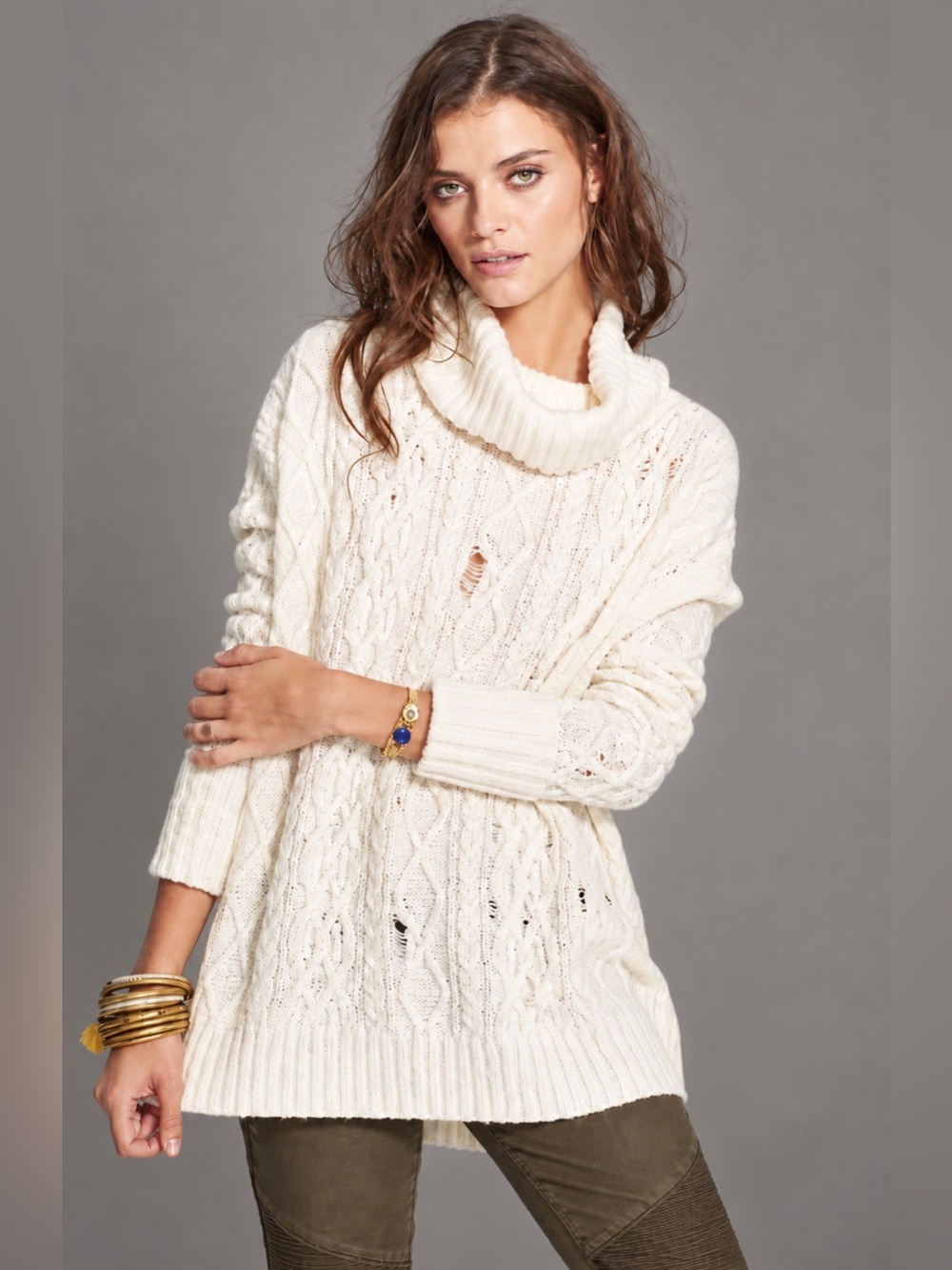 Free People Wool Alpaca Oversized Cable Knit Distressed Turtleneck Sweater M